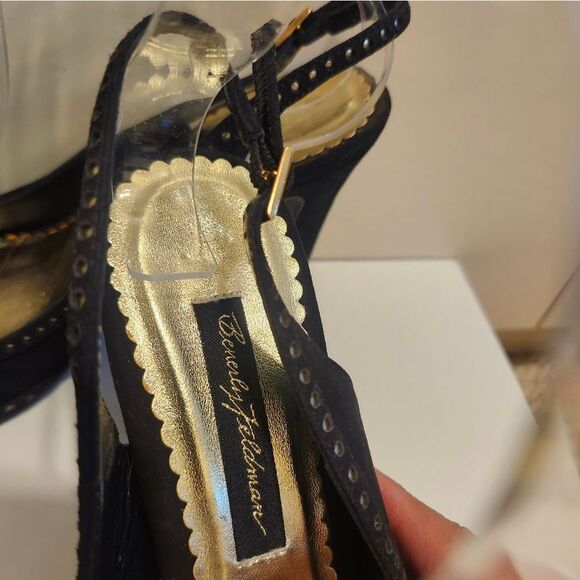 NEW Beverly Feldman Black Suede w/ Gold Studs Peep Toe Slingback Pumps sz.8 $275 - Picture 4 of 11